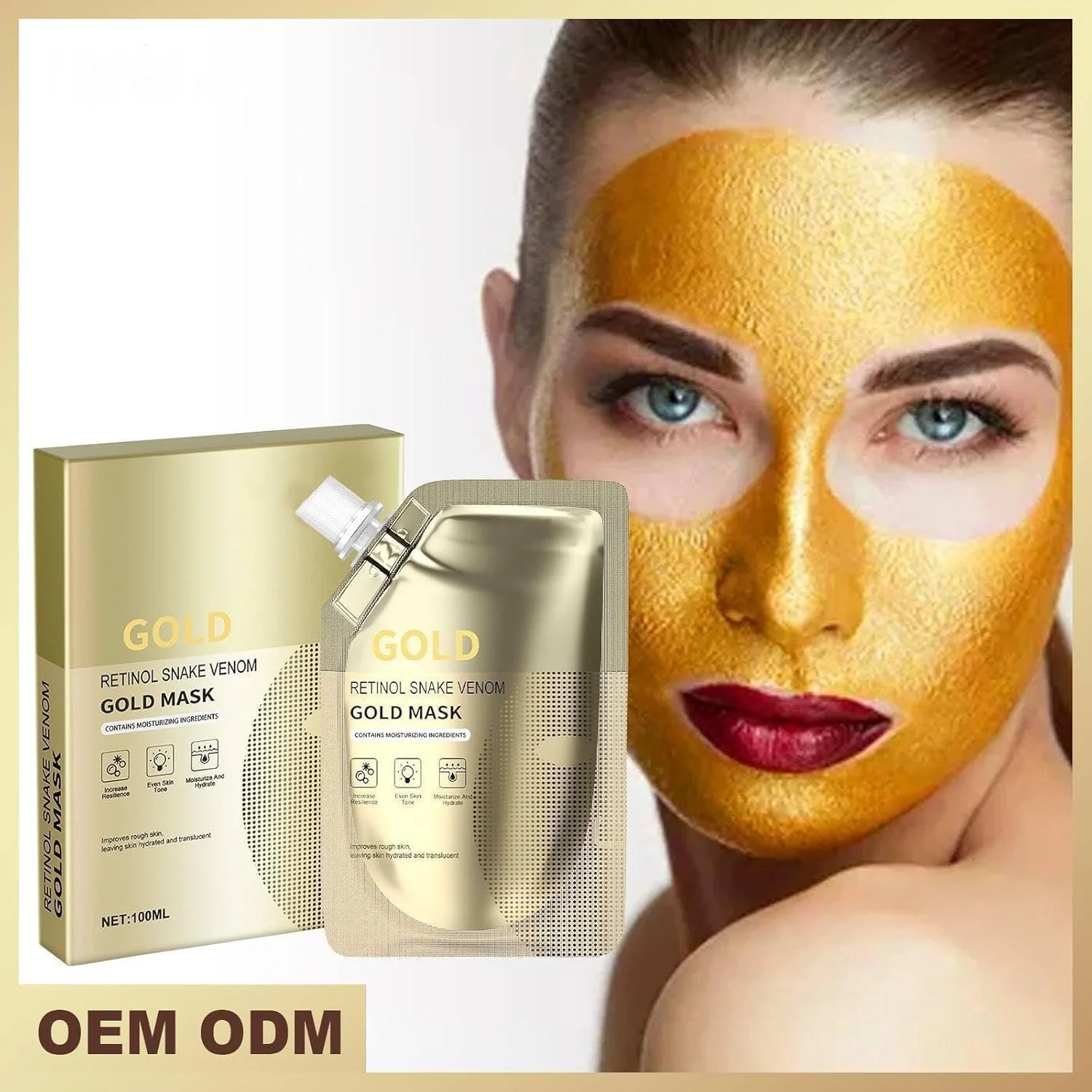 ماسک طلایی سم مار رتینول به همراه برس سیلیکونی، ماسک طلایی پپتید سم مار رتینول، ماسک صورت لایه بردار کلاژن، ماسک صورت ضد پیری برای پاکسازی، مرطوب کننده و آبرسان، سفت کننده منافذ