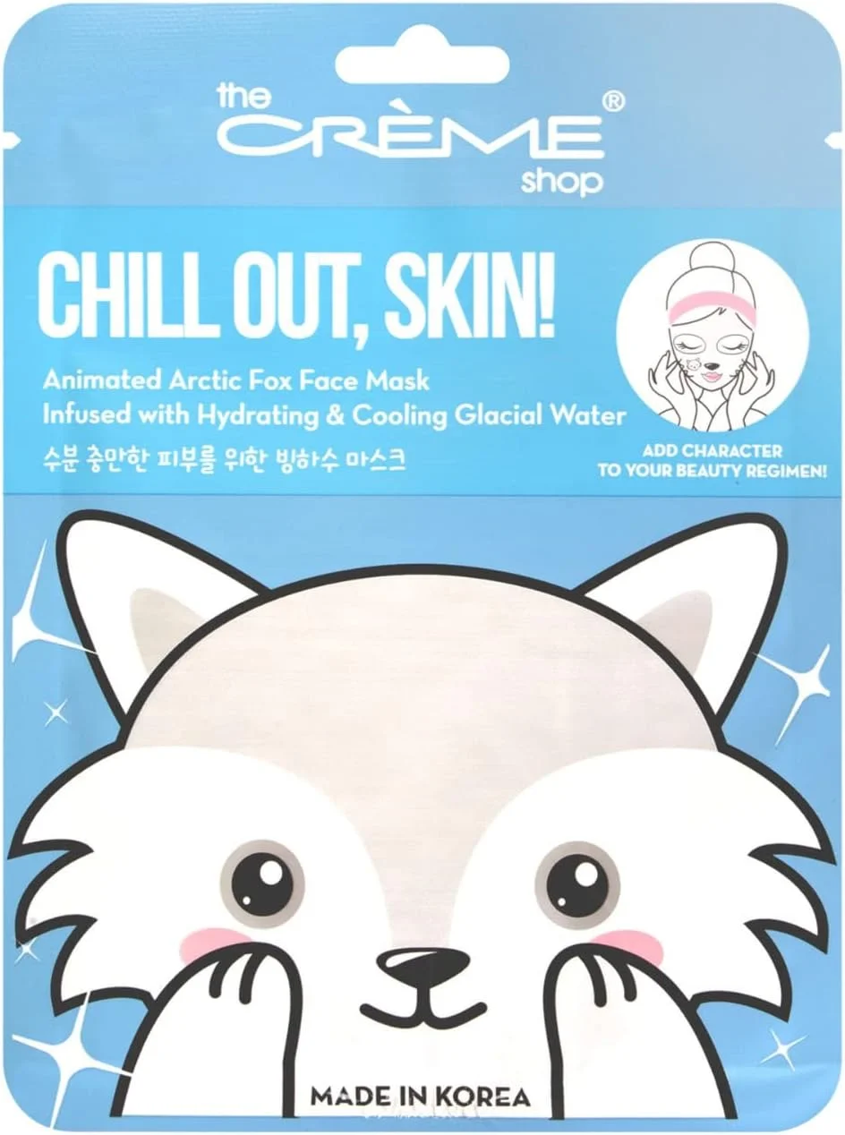 ماسک ورقه‌ای آبرسان و خنک‌کننده صورت The Crème Shop. غنی شده با آب یخچال‌های طبیعی. مناسب برای کودکان و بزرگسالان. ساخت کره - ماسک‌های کارتونی، روباه قطبی