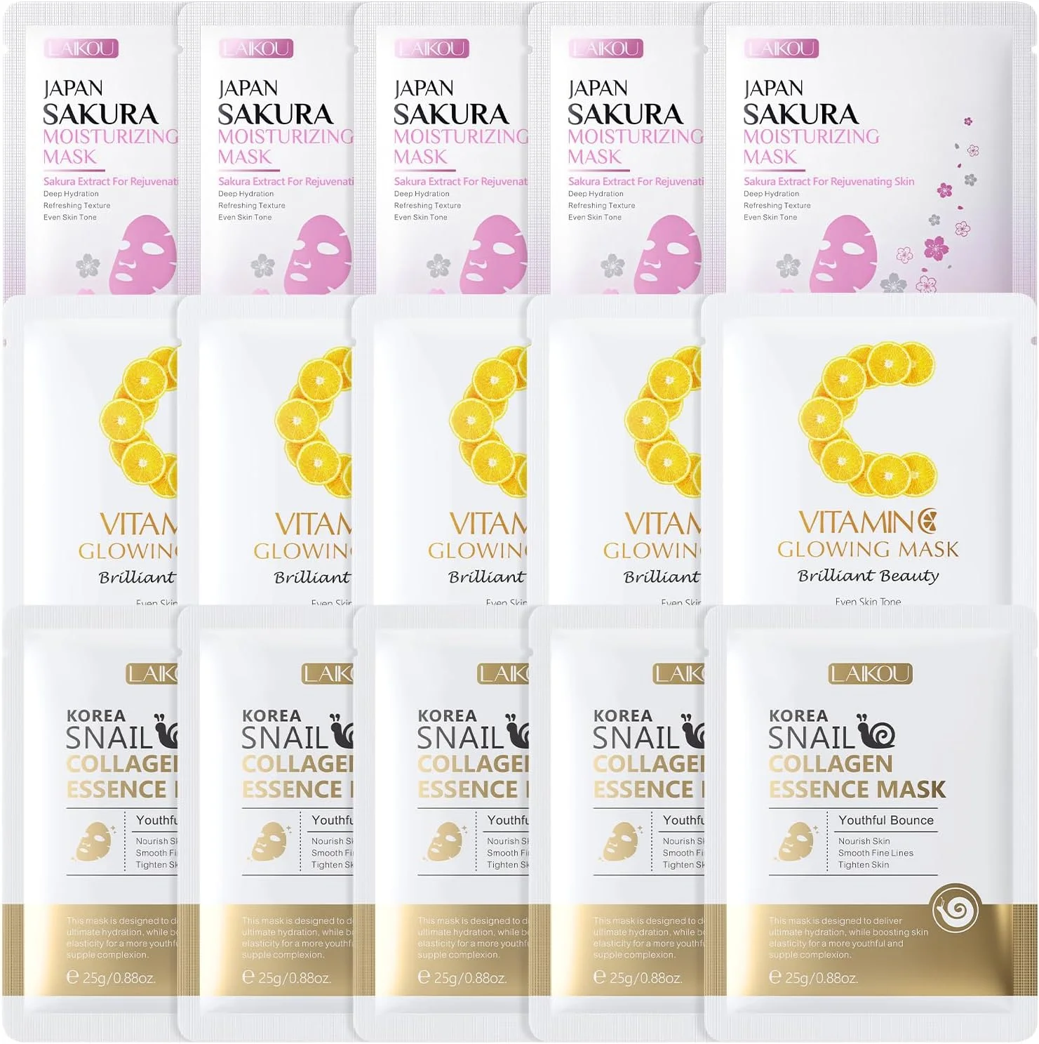 مجموعه ماسک صورت لایکو، سرم ماسک ورقه ای صورت (ویتامین C، کلاژن حلزون، ساکورا)، احیا کننده، آبرسان و تغذیه کننده پوست، ست هدیه مراقبت از پوست برای زنان و دختران نوجوان