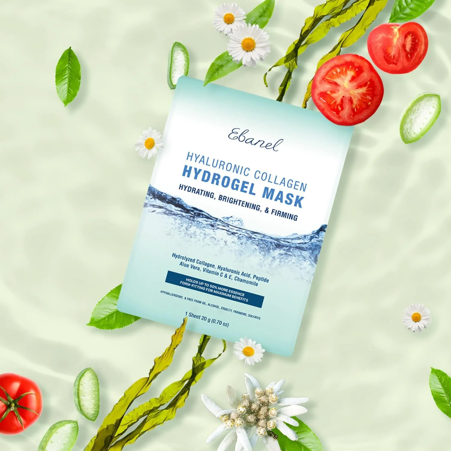 ماسک هیدروژل کلاژن صورت Ebanel بسته 5 عددی، ماسک ورقه ای فوری روشن کننده و آبرسان صورت برای سفت کردن، لیفتینگ، ضد پیری و ضد چروک با اسید هیالورونیک، پپتید، آلوئه ورا، ویتامین C و E