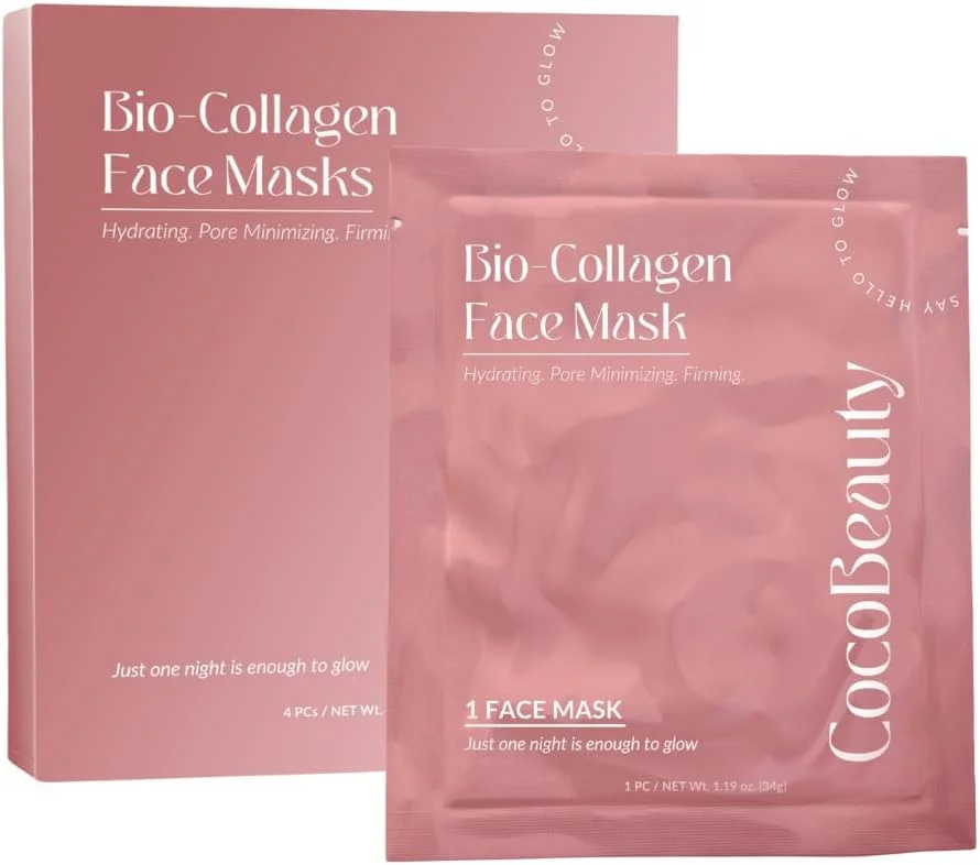 ماسک صورت بیو کلاژن COCOBEAUTY - ماسک ورقه ای کلاژن کره ای آبرسان و ضد پیری، آبرسانی عمیق، صاف کننده خطوط ریز، ماسک صورت شبانه برای پوست درخشان (4 عدد)