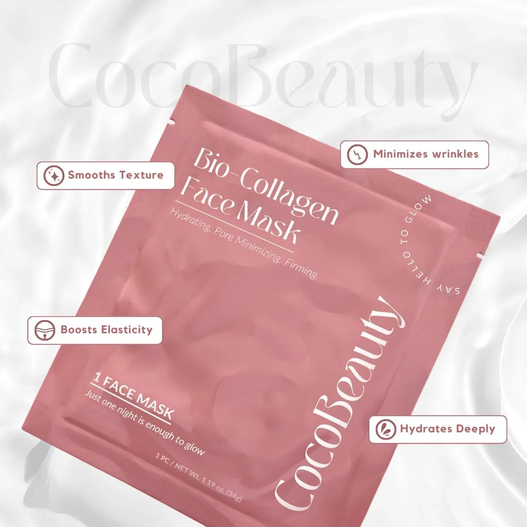 ماسک صورت بیو کلاژن COCOBEAUTY - ماسک ورقه ای کلاژن کره ای آبرسان و ضد پیری، آبرسانی عمیق، صاف کننده خطوط ریز، ماسک صورت شبانه برای پوست درخشان (4 عدد)