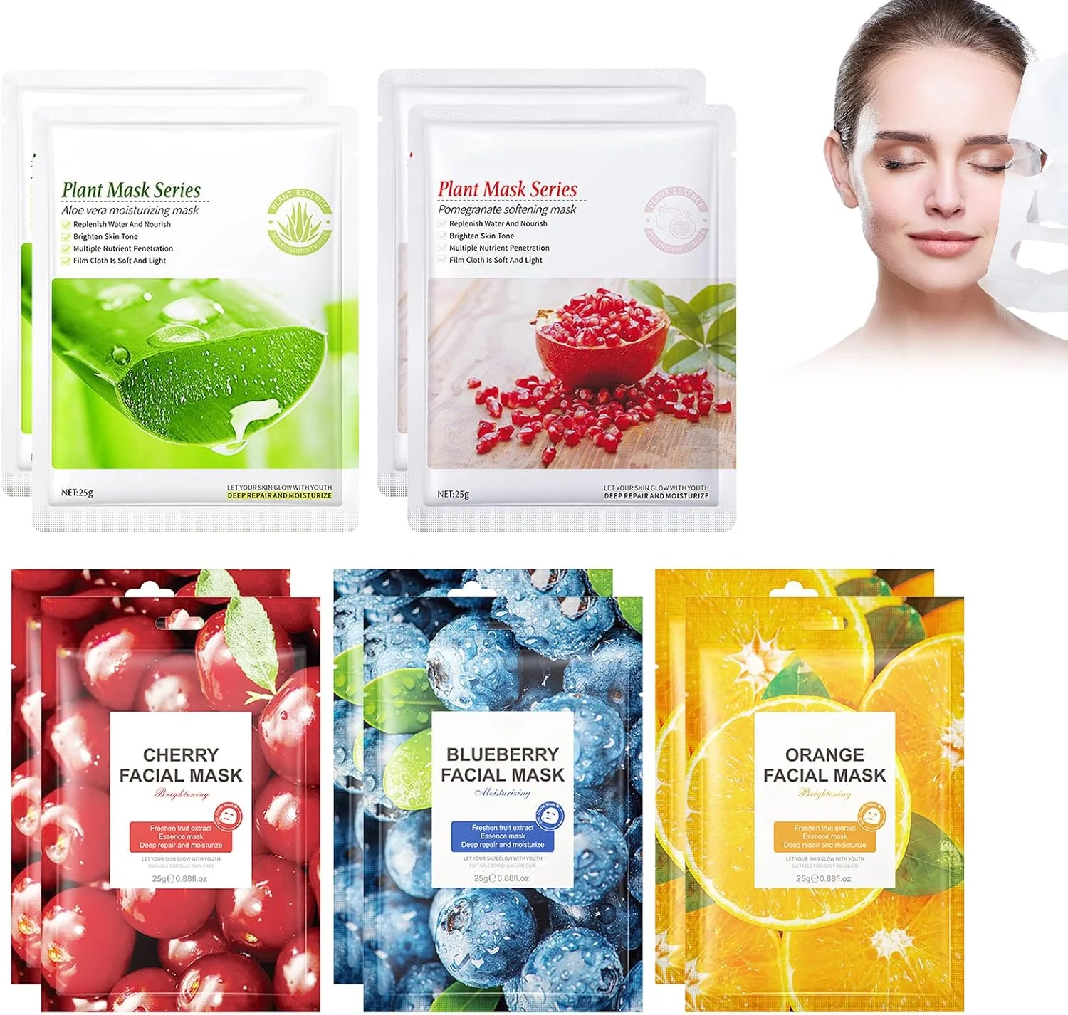 بسته 10 عددی ماسک صورت میوه ای مرطوب کننده، ماسک ورقه ای آبرسان ارگانیک صورت، پرتقال، بلوبری، گیلاس، انار قرمز، آلوئه ورا، آبرسان عمیق روشن کننده تسکین دهنده مغذی برای انواع پوست