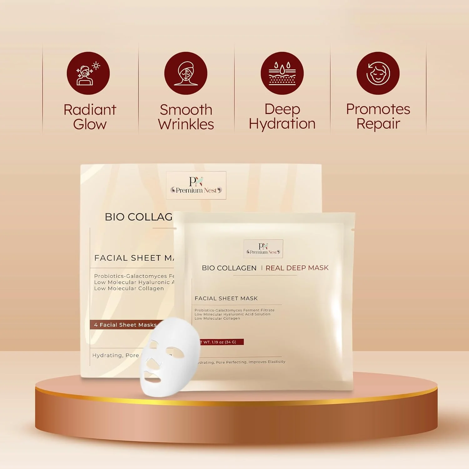 ماسک آبرسان شبانه بایو کلاژن – کاهش منافذ، سفت کننده و افزایش خاصیت ارتجاعی | ماسک ورقه ای آبرسان عمیق برای پوست درخشان - 4 عدد