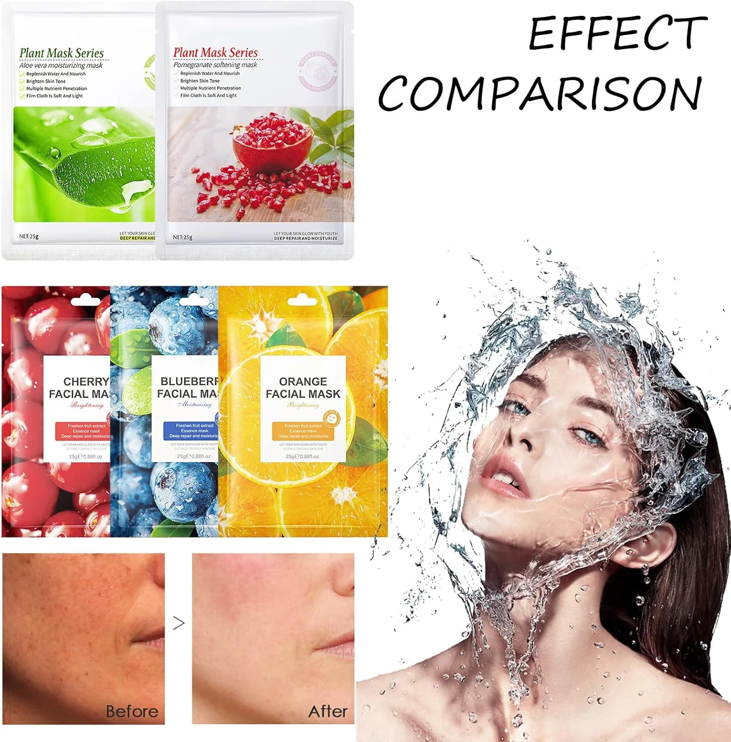 بسته 10 عددی ماسک صورت میوه ای مرطوب کننده، ماسک ورقه ای آبرسان ارگانیک صورت، پرتقال، بلوبری، گیلاس، انار قرمز، آلوئه ورا، آبرسان عمیق روشن کننده تسکین دهنده مغذی برای انواع پوست
