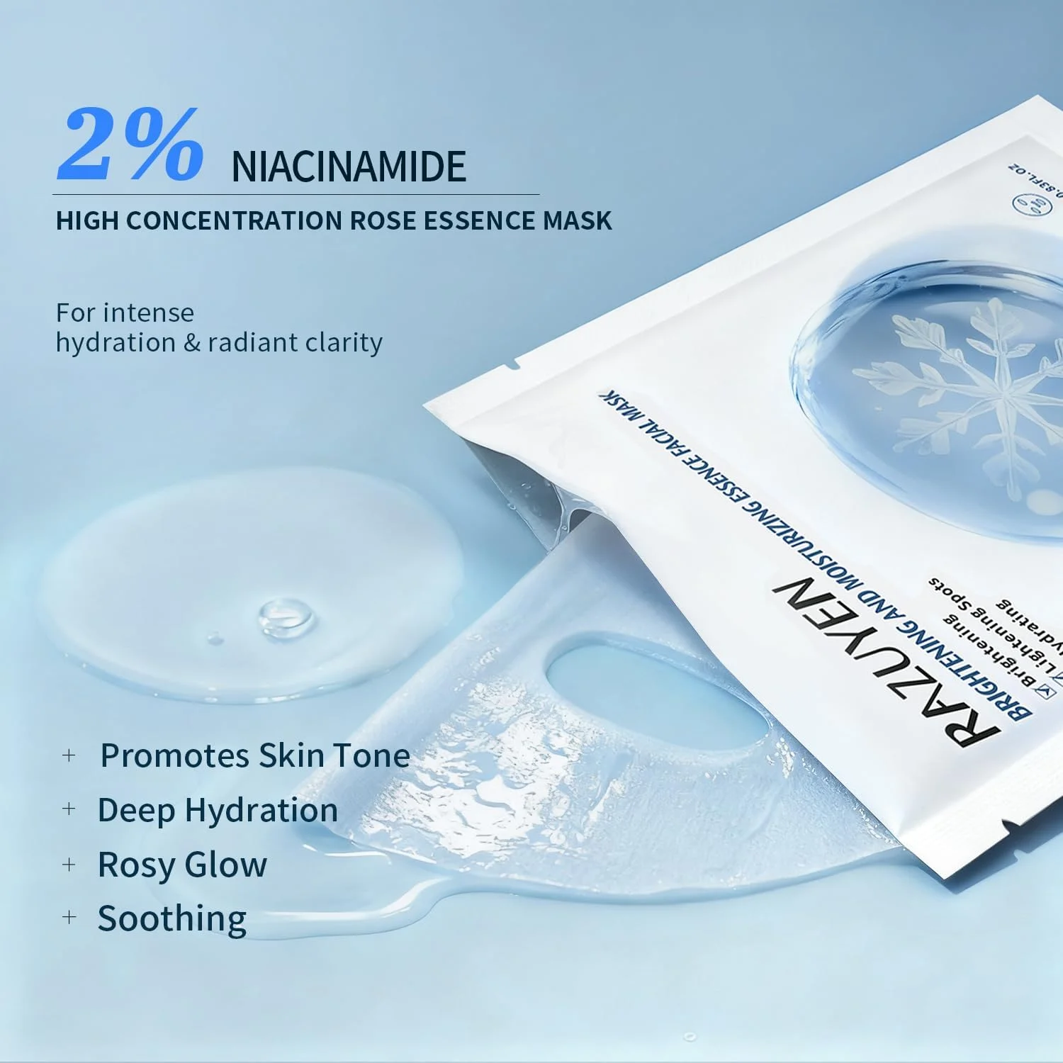 ماسک صورت روشن کننده و آبرسان، ماسک صورت درخشان کننده و مرطوب کننده با نیاسینامید، ویتامین C و آربوتین، ماسک صورت گل رز برای انواع پوست، بدون عطر، 10 عدد