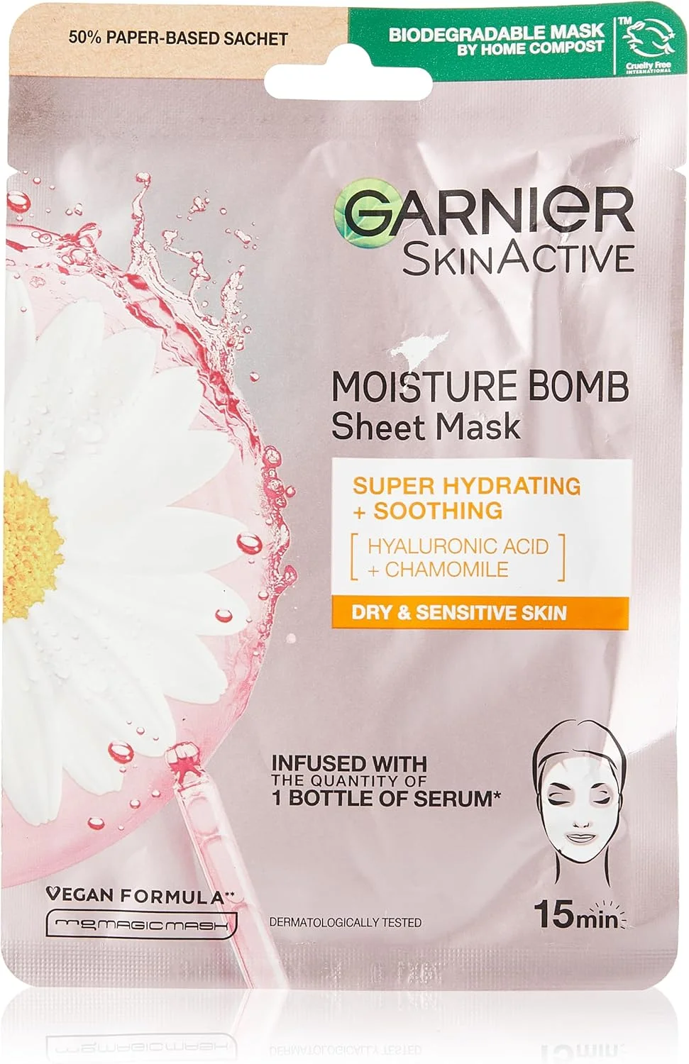 ماسک صورت ورقه ای بابونه و هیالورونیک اسید گارنیه، ماسک ورقه ای آبرسان و تسکین دهنده صورت، مناسب پوست حساس، بدون تست حیوانی و ماسک بافت گیاهی، 28 گرم