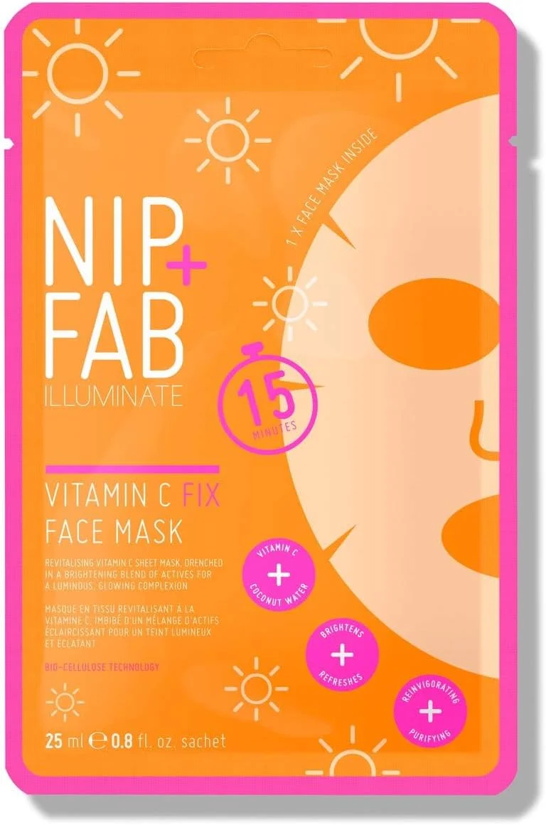 ماسک ورقه‌ای ویتامین C نیپ + فاب برای صورت با آب نارگیل و عصاره میوه مرکبات، ماسک صورت آبرسان و آنتی‌اکسیدانی برای روشن و یکدست کردن پوست، ۲۴ میلی‌لیتر