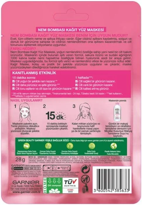 ماسک نقابی آبرسان گارنیه حاوی شکوفه گیلاس و هیالورونیک اسید، ماسک صورت آبرسان و احیا کننده درخشش پوست برای پوست کدر، بافت گیاهی و تجزیه پذیر، 28 گرم