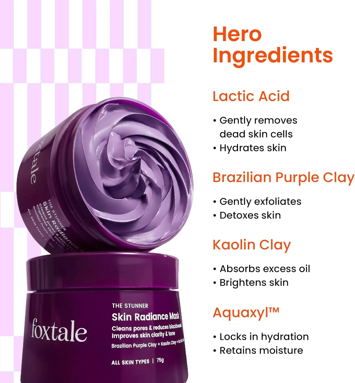 ماسک صورت روشن کننده پوست Foxtale | ماسک خاک رس با اسید لاکتیک برای رفع تیرگی، کاهش جوش های سرسیاه، روشن کننده فوری | ماسک صورت آبرسان مناسب انواع پوست | آقایان و بانوان - 75 گرم