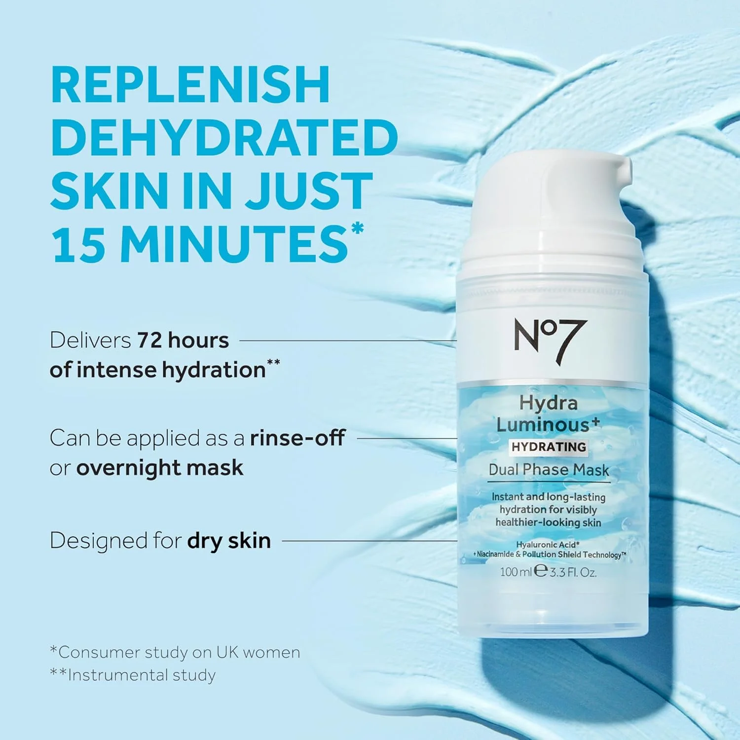 ماسک آبرسان دو فازی No7 HydraLuminous+، ۱۰۰ میلی لیتر، برای پوستی با ظاهر سالم تر