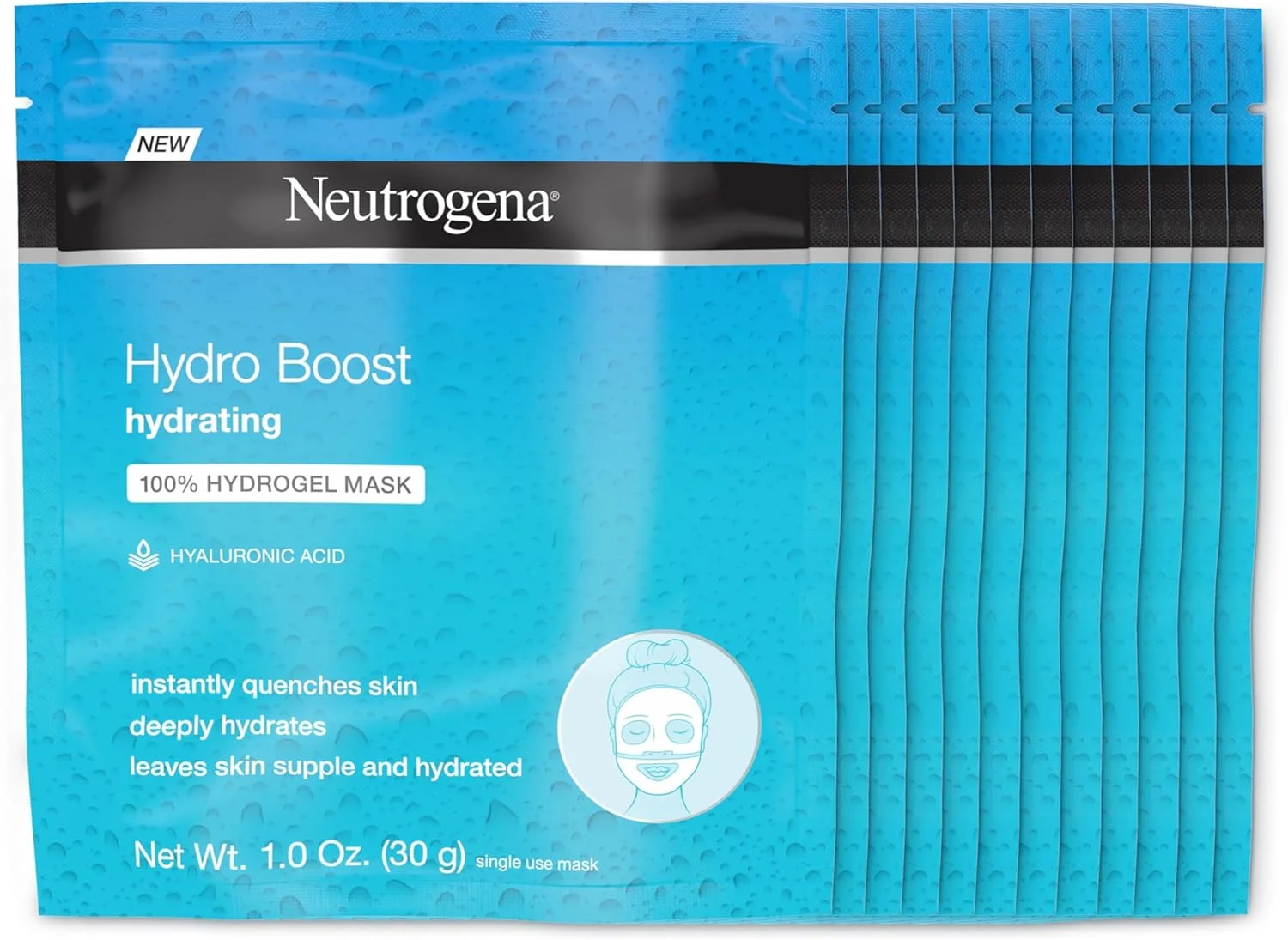 ماسک ورقه ای آبرسان و مرطوب کننده صورت نوتروژینا Hydro Boost 100% هیدروژل با اسید هیالورونیک، 28 گرم، بسته 12 عددی
