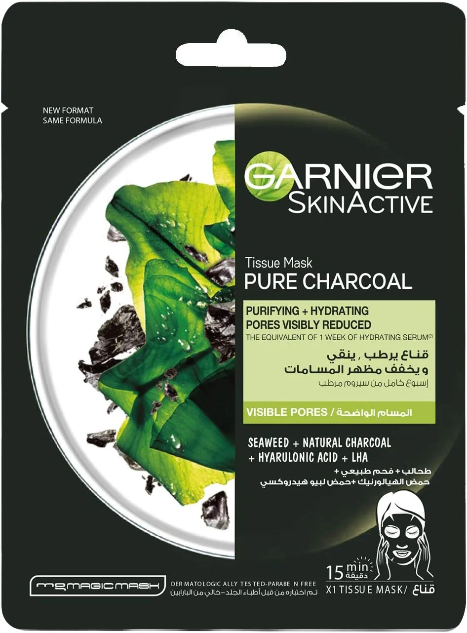 ماسک بافتی آبرسان صورت گارنیه، با زغال طبیعی، جلبک دریایی و هیالورونیک اسید، برای کوچک کردن منافذ، SkinActive Pure Charcoal، 28 گرم