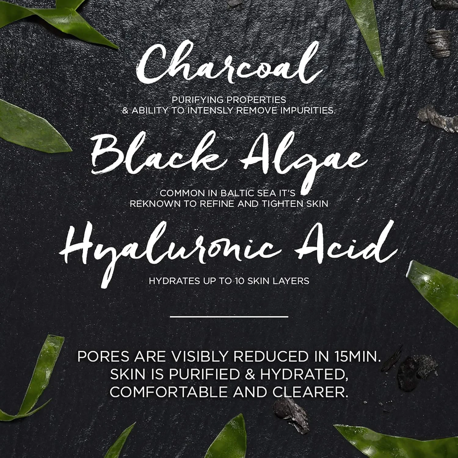 ماسک بافتی آبرسان صورت گارنیه، با زغال طبیعی، جلبک دریایی و هیالورونیک اسید، برای کوچک کردن منافذ، SkinActive Pure Charcoal، 28 گرم