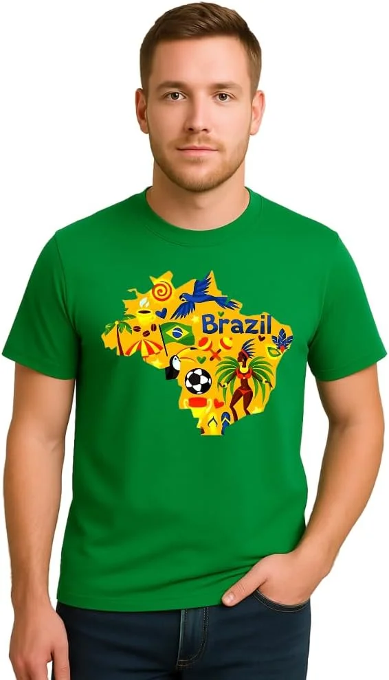 تی‌شرت مردانه برزیل – پنبه نرم، یقه گرد، آستین کوتاه – طرح چاپی با تم برزیل – تی راحت و نرم برای مسافران و استفاده روزمره