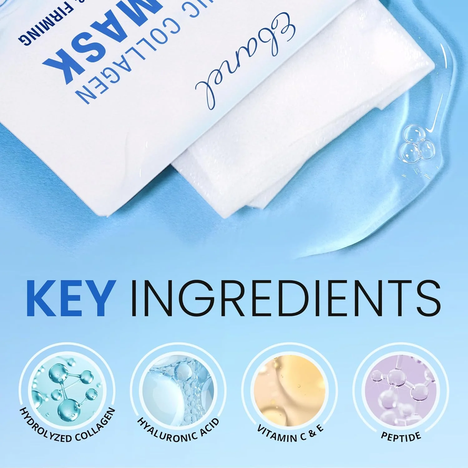 ایبانل، ماسک صورت کلاژن، روشن کننده و آبرسان فوری پوست با آلوئه ورا، اسید هیالورونیک، ویتامین C و E، بابونه، ماسک ضد پیری صورت با کلاژن هیدرولیز شده، پپتید (10 عدد)