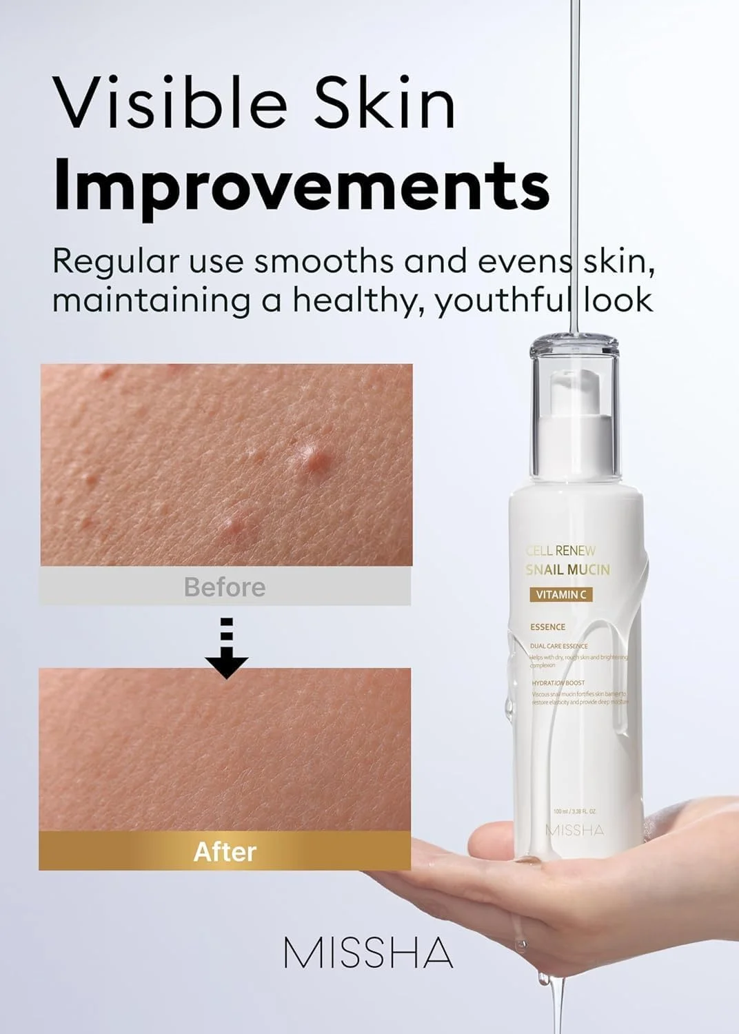 سرم اسنس ویتامین C و موسین حلزون میشا Cell Renew، حجم ۱۰۰ میلی لیتر - آبرسان پوست، مناسب برای بهبود بافت و رنگ پوست