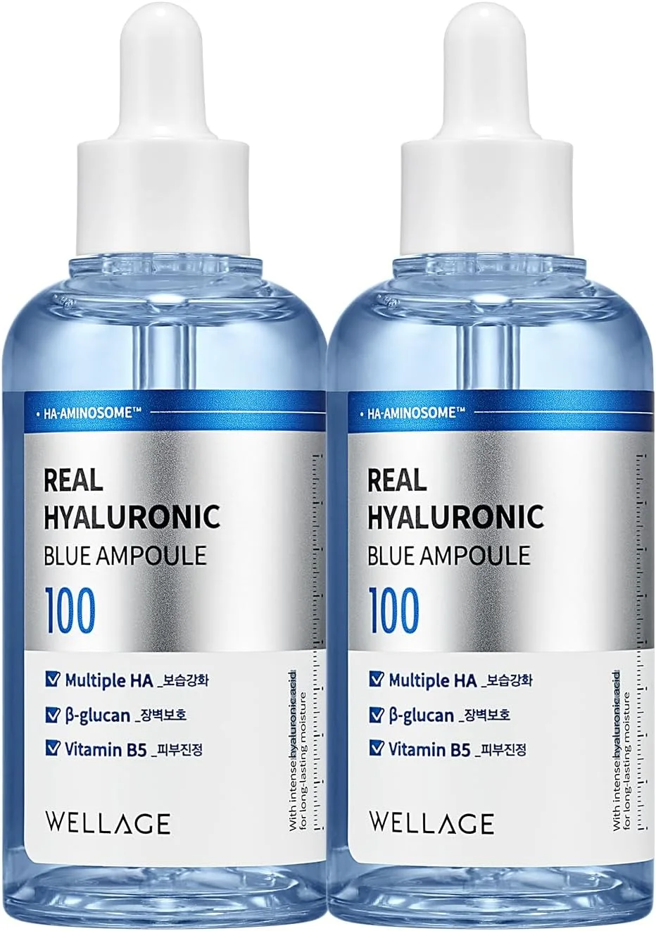 آمپول آبی هیالورونیک واقعی WELLAGE 100، آمپول اسید هیالورونیک بدون عطر، سرم آبرسان غیر چسبنده برای پوست خشک و حساس، 75 میلی لیتر، بسته 2 عددی
