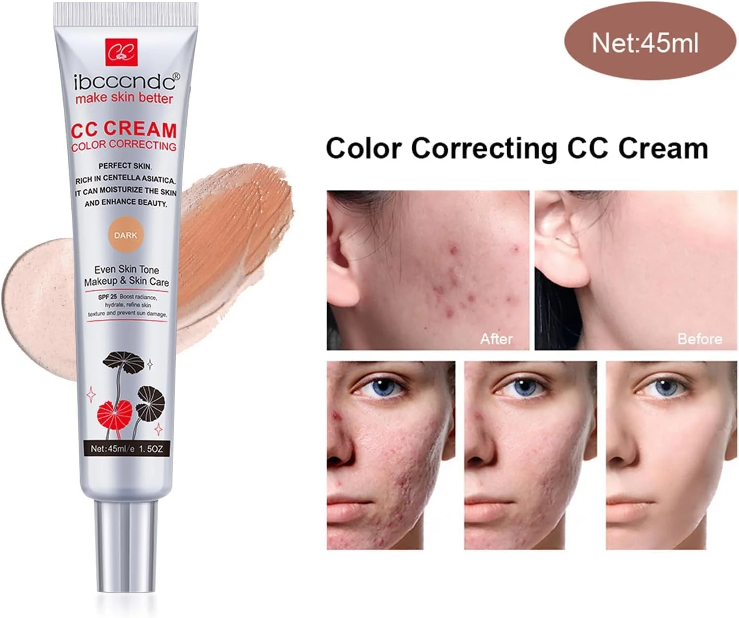 کرم CC اصلاح کننده رنگ با SPF 25، کرم پودر سبک، سرم آبرسان، آرایش و مراقبت از پوست یکنواخت کننده رنگ پوست، افزایش درخشندگی، بهبود بافت پوست، جلوگیری از آسیب خورشید (تیره)