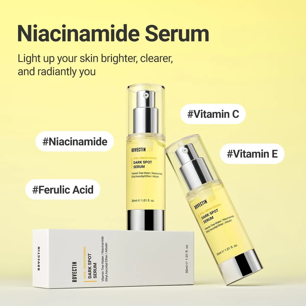 سرم روشن کننده و رفع لک های تیره ROVECTIN Vita | حاوی ویتامین C غنی، روشن کننده، آبرسان برای پوست های خشک، حساس، نرمال و چرب | محصول گیاهی K-Beauty (30 میلی لیتر)