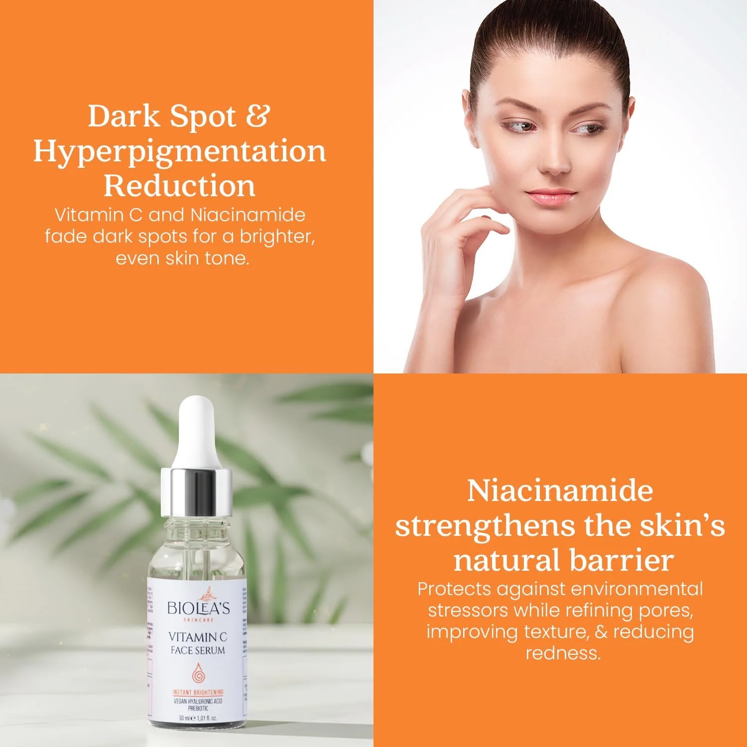 سرم ویتامین C مراقبت از پوست Biolea حاوی 3-O-اتیل آسکوربیک اسید، هیالورونیک اسید، نیاسینامید و پانتنول، سرم روشن کننده و آبرسان صورت برای لک های تیره، هایپرپیگمنتیشن و رنگ ناهموار، 30 میلی لیتر