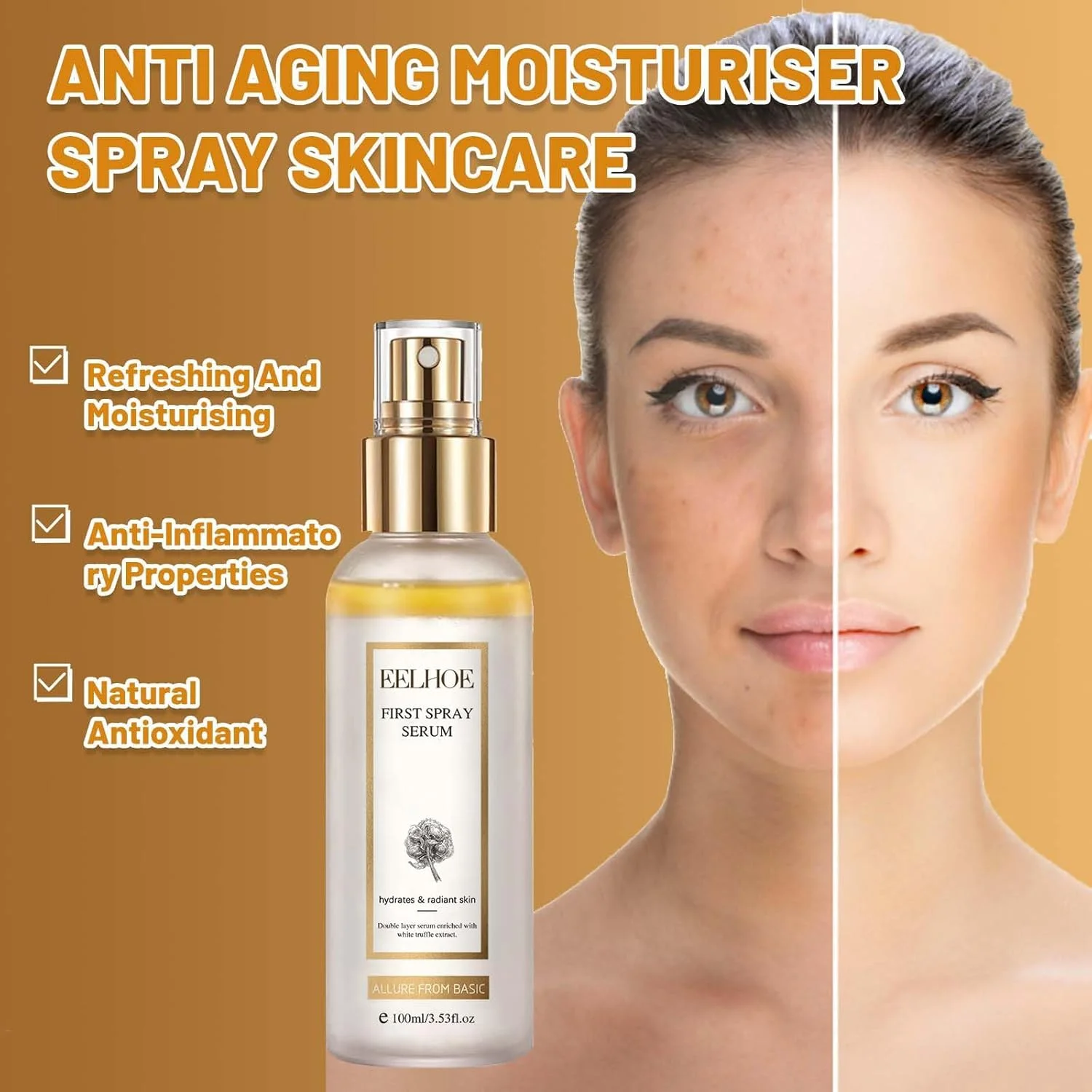 سرم اسپری ضد پیری ترافل سفید 100 میلی لیتر، مه صورت آبرسان کره ای برای محو کردن لک ها و روشن کننده، سرم ضد چروک سبک وزن برای درخشش و احیای پوست، تقویت کننده روزانه مراقبت از پوست