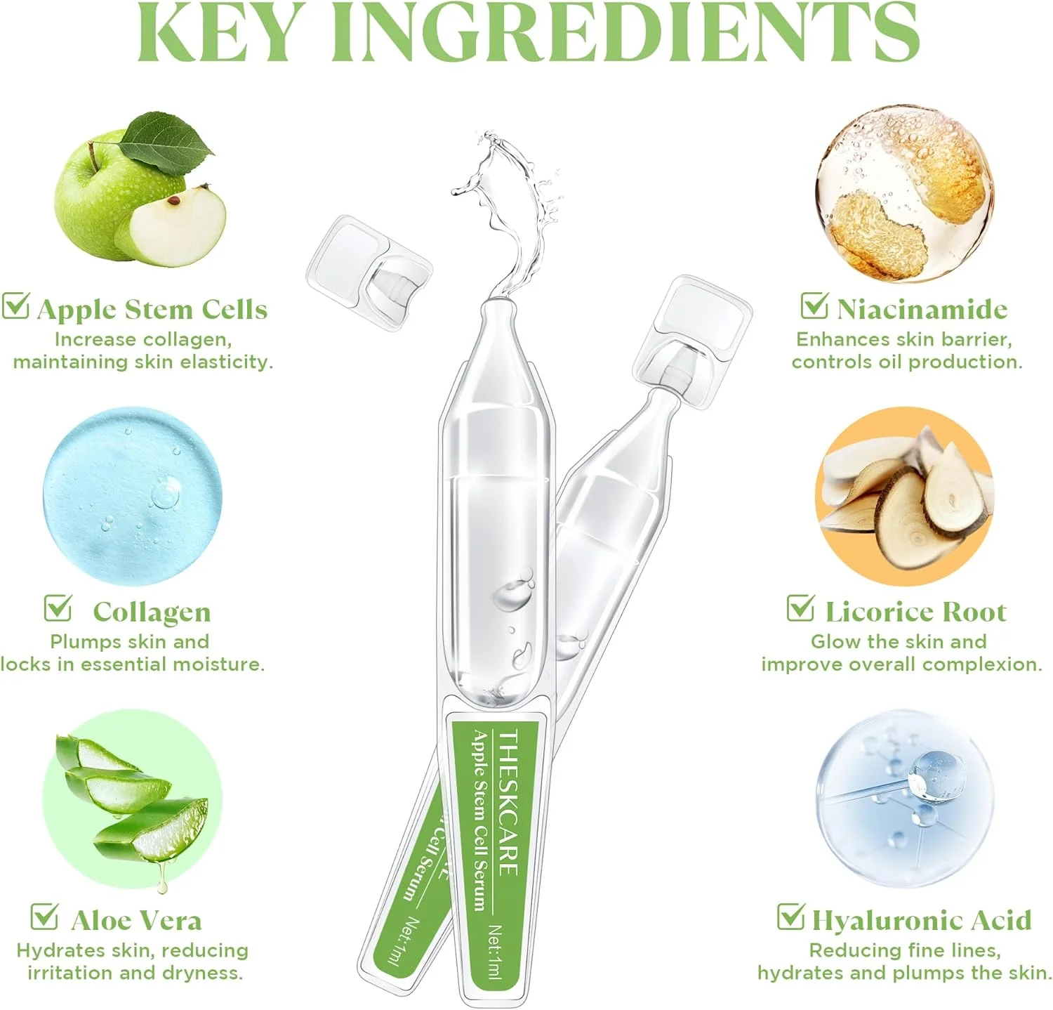 سرم آمپول سلول بنیادی سیب برای صورت با کلاژن، اسید هیالورونیک و نیاسینامید، سرم جوانساز صورت برای خطوط ریز و چروک، حجیم کننده و آبرسان، 30 آمپول