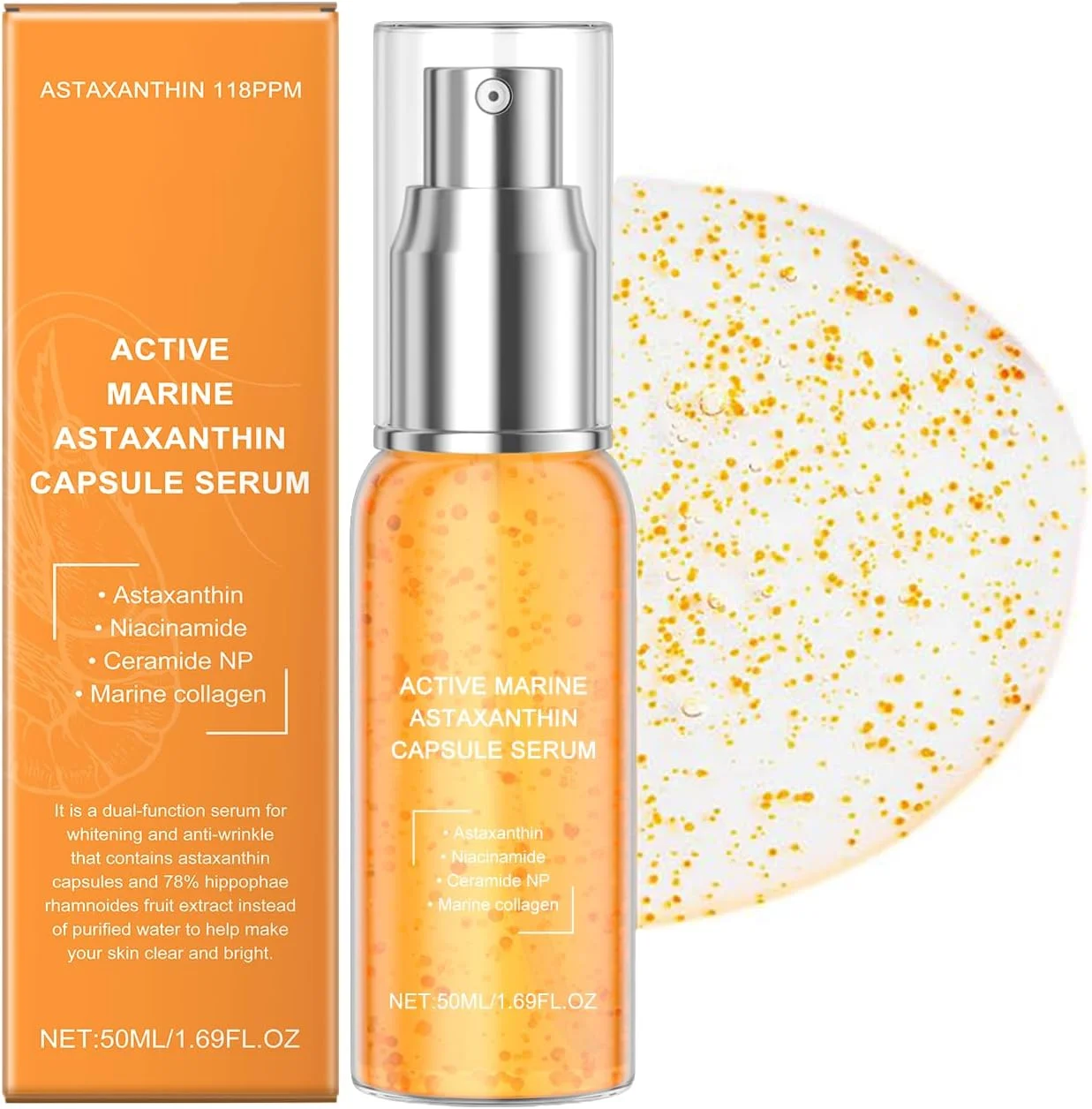 سرم کپسولی آستاگزانتین دریایی فعال، سرم صورت ضد پیری با آستاگزانتین، نیاسینامید و ترانگزامیک اسید برای آبرسانی و یکنواخت کردن رنگ پوست، مراقبت از پوست کره ای برای صورت، 50 میلی لیتر