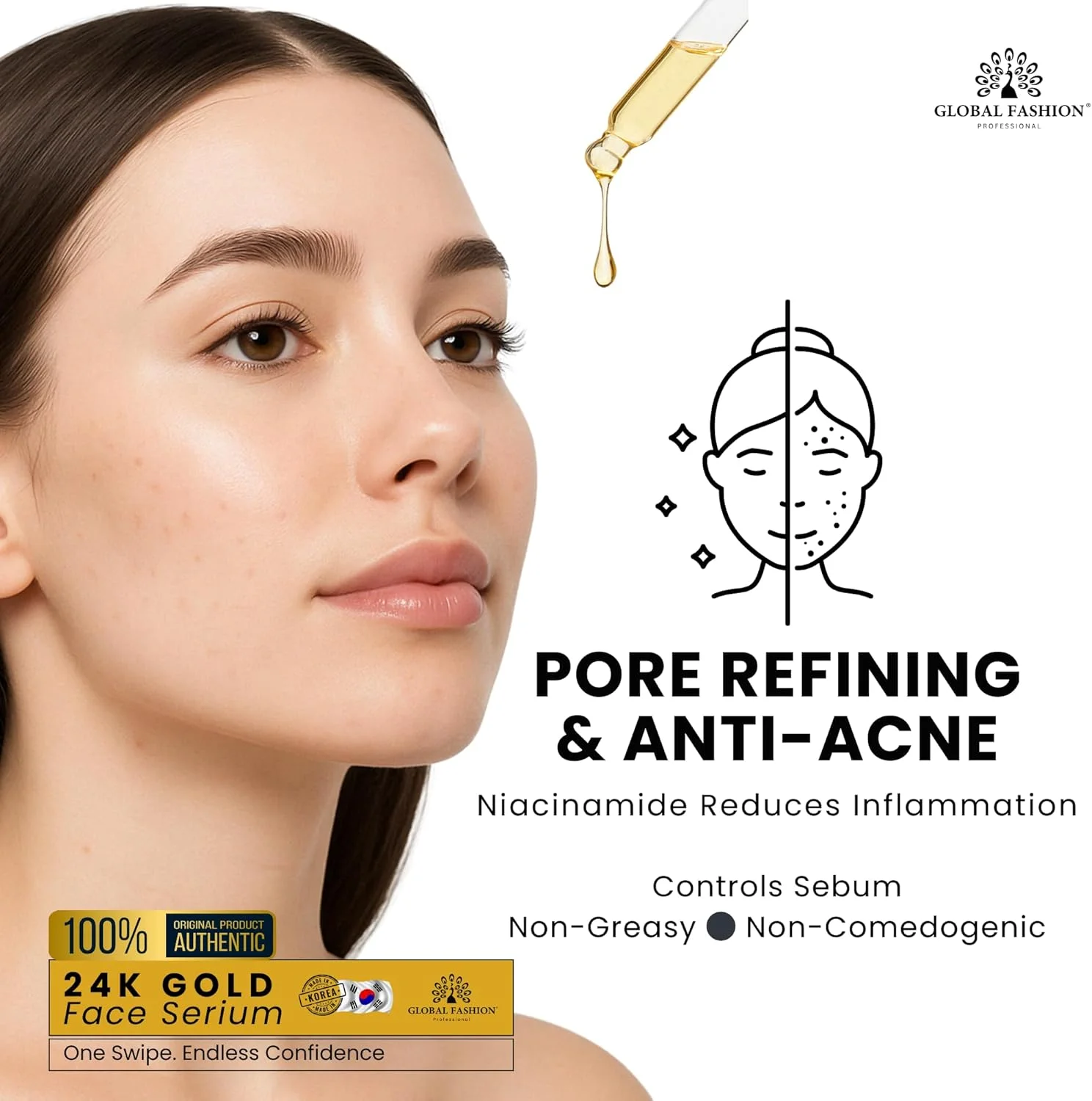 سرم صورت گلوبال فشن 50 میلی لیتر - ضد پیری، روشن کننده و آبرسان - حاوی ویتامین C، رتینول، اسید هیالورونیک، کلاژن، AHA BHA، پپتیدها - مراقبت از پوست کره ای (سرم صورت طلای 24 عیار)