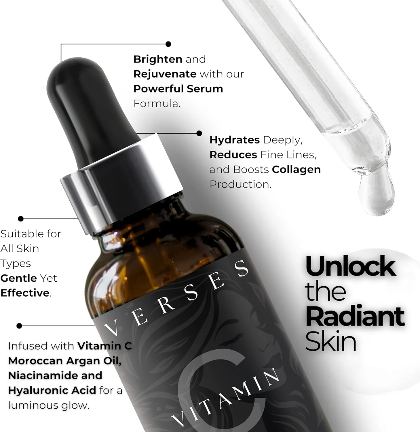 سرم ویتامین C ورسز – روشن کننده پیشرفته با نیاسینامید، روغن آرگان مراکشی و اسید هیالورونیک | فرمول ضد پیری، اصلاح کننده لکه‌های تیره و آبرسان | 30 میلی لیتر