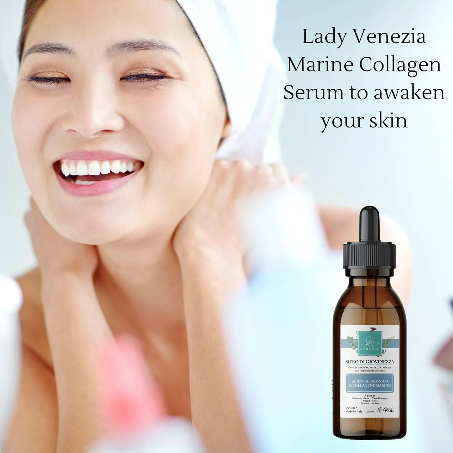 سرم صورت اسید هیالورونیک با کلاژن دریایی | فرمول ضد پیری و آبرسان برای پوستی صاف و درخشان | ۱۰۰ میلی لیتر – ۳.۳۸ اونس مایع | ساخت ایتالیا – لیدی ونزیا