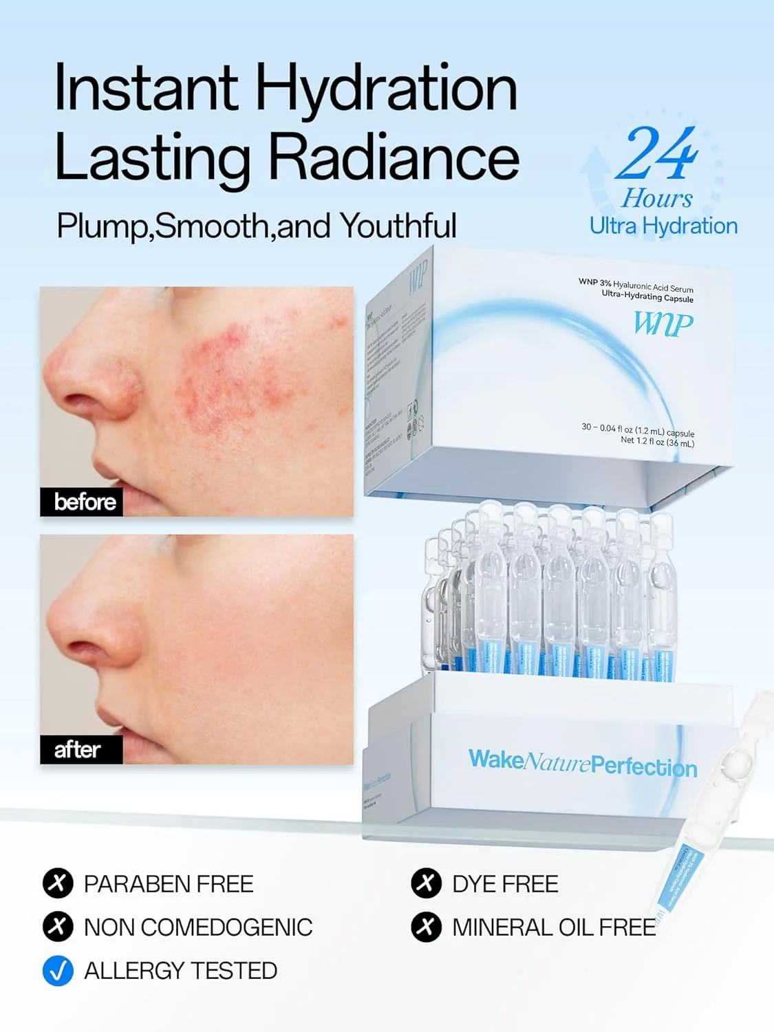 سرم هیالورونیک اسید 3% WNP، سرم فوق آبرسان، پوست صاف تر | مراقبت از پوست قبل از آرایش | سرم ضد پیری صورت، ویال های تک دوز مراقبت از پوست برای پوست خشک و حساس (1.2 میلی لیتر) * 30