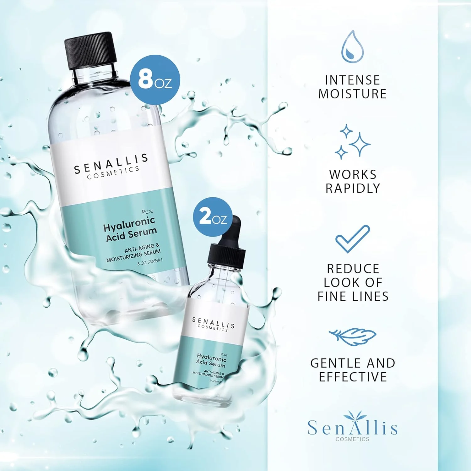 سرم هیالورونیک اسید SenAllis Cosmetics، ۲۳۶ میلی لیتر و ۵۹ میلی لیتر، ساخته شده از هیالورونیک اسید خالص، ضد پیری/چروک، مرطوب کننده فوق العاده آبرسان که خشکی پوست را کاهش می دهد، ساخت ایالات متحده آمریکا