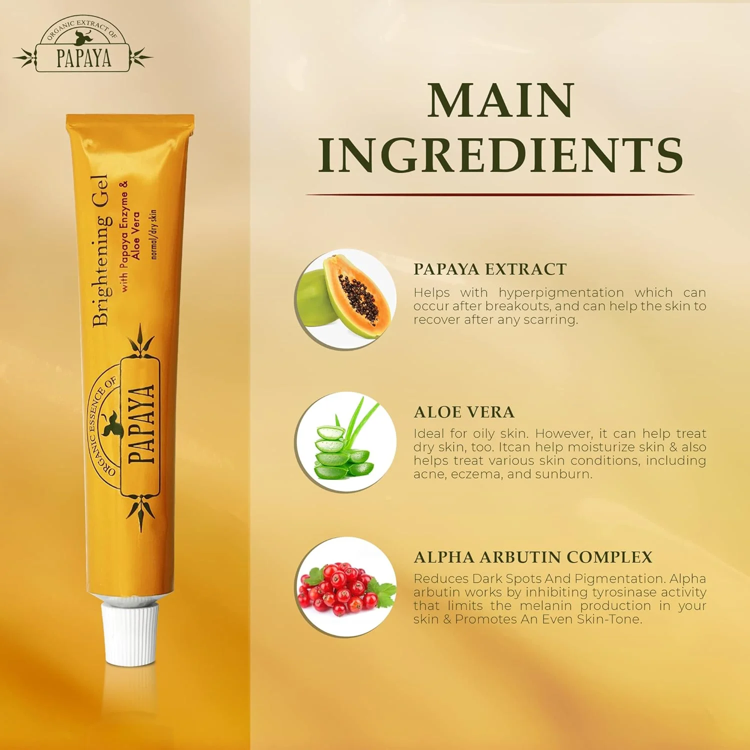 کرم روشن کننده حاوی عصاره ارگانیک پاپایا - 50 گرم - ژل شفاف کننده پوست - افزایش درخشندگی پوست، یکنواخت کننده رنگ پوست - کرم مرطوب کننده پوست حاوی آلفا آربوتین، آلوئه ورا، عصاره پاپایا