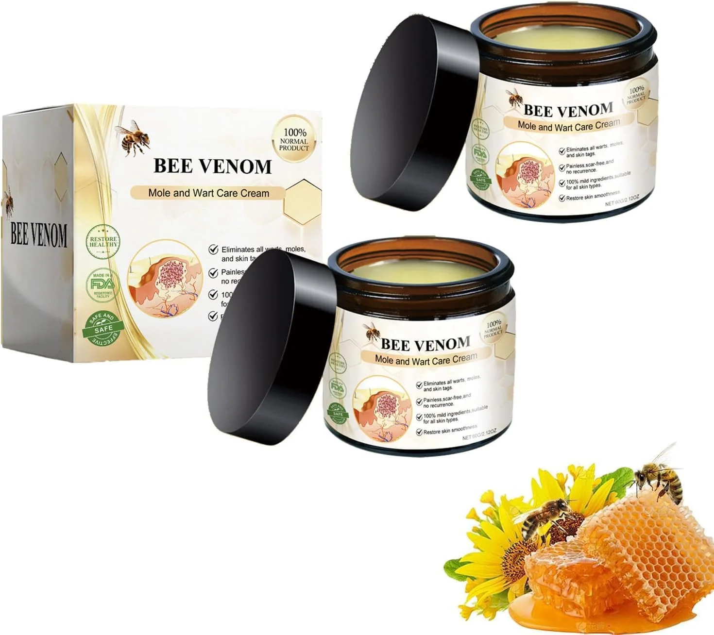 کرم زهر زنبور عسل، کرم درمان حرفه ای زهر زنبور عسل برای خال و زگیل، کرم مرطوب کننده زهر زنبور عسل برای انواع پوست (60 گرم)