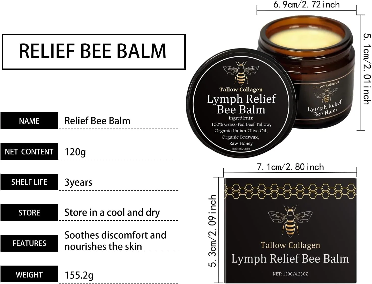 کرم مرطوب کننده روغن حیوانی و عسل برای صورت - بالم زنبور عسل برای پوست، کلاژن روغن حیوانی، مرطوب کننده عمیق، احیا کننده خاصیت ارتجاعی، 120 گرم