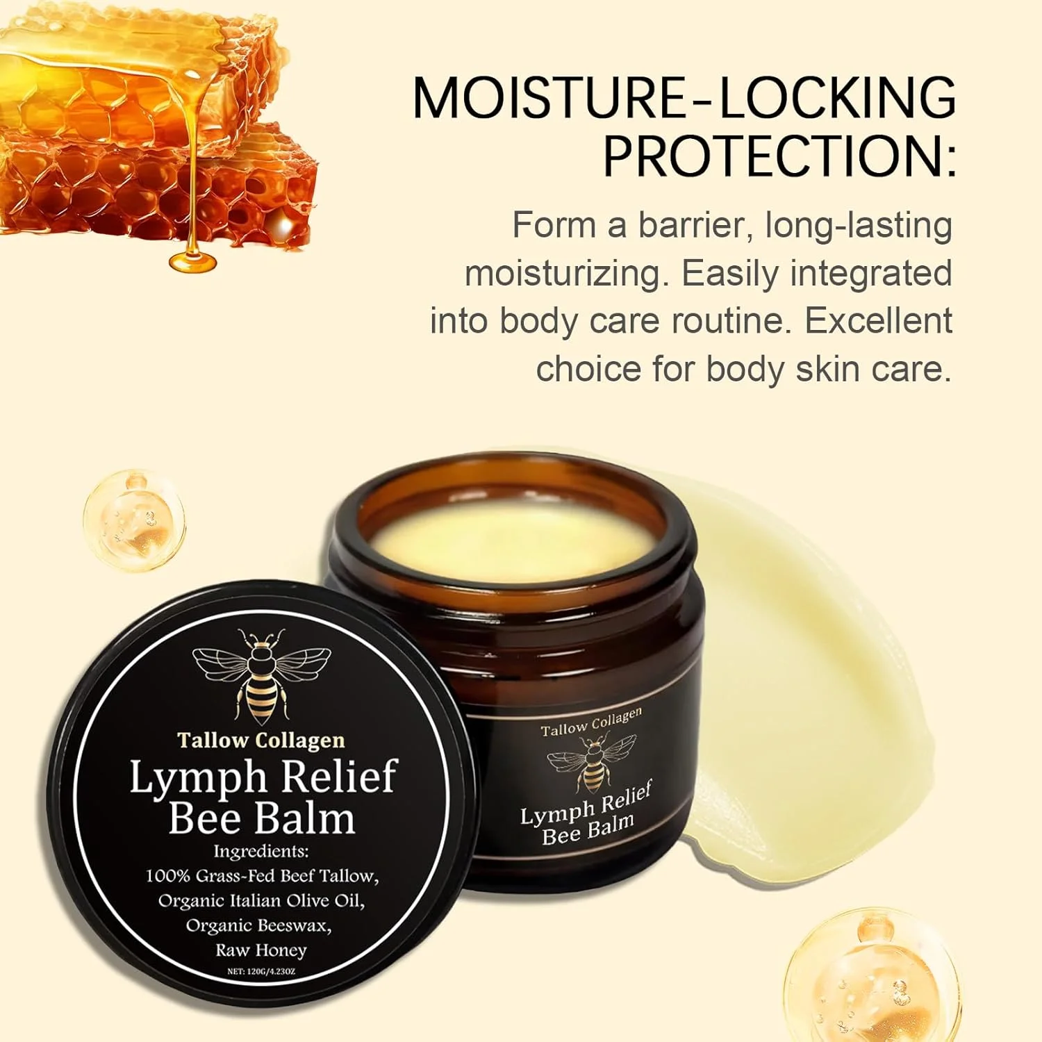 کرم مرطوب کننده روغن حیوانی و عسل برای صورت - بالم زنبور عسل برای پوست، کلاژن روغن حیوانی، مرطوب کننده عمیق، احیا کننده خاصیت ارتجاعی، 120 گرم