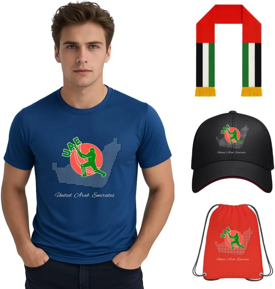 ست مردانه ورزشی امارات متحده عربی - تیشرت ورزشی، کیف بند دار، کلاه و شال گردن - ایده آل برای کریکت، رویدادهای فضای باز و استفاده روزمره