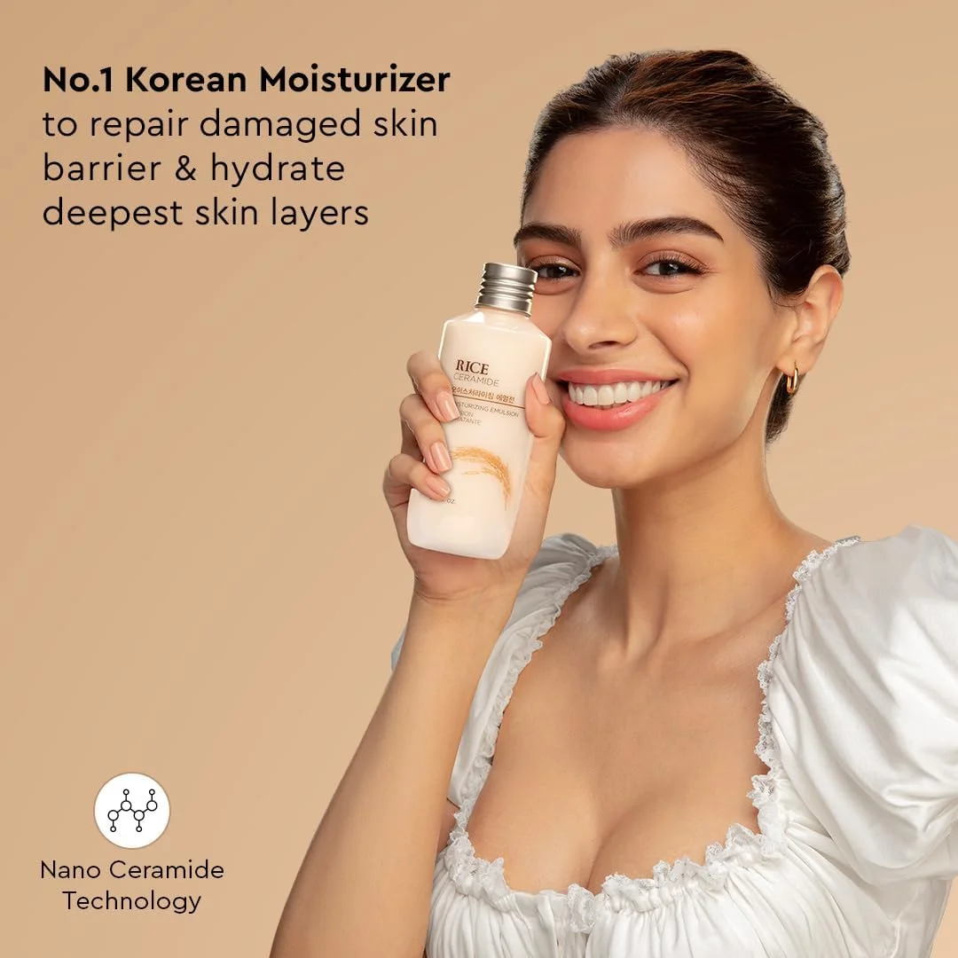 امولسیون مرطوب کننده برنج و سرامید The Face Shop | کرم ترمیم کننده سد دفاعی پوست | حفظ رطوبت تا 12 ساعت، برای پوستی نرم و درخشان | مراقبت از پوست کره ای برای انواع پوست (70 میلی لیتر)