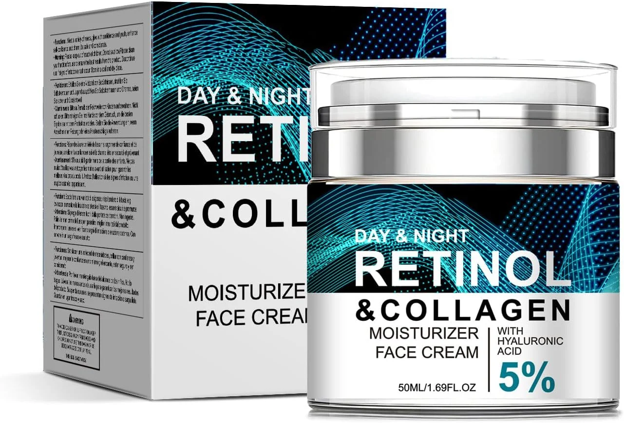 کرم مرطوب کننده صورت حاوی رتینول و کلاژن به همراه 5% هیالورونیک اسید، مناسب برای خانم ها و آقایان، کرم ضد پیری روز و شب برای انواع پوست (50 میلی لیتر)