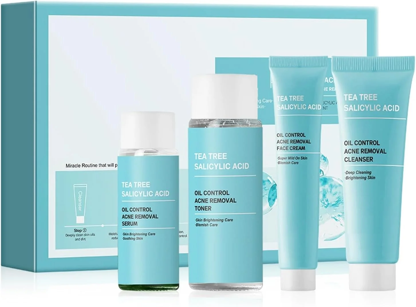 مجموعه ۴ تکه درمان پوست چرب و جوش دار حاوی درخت چای و سالیسیلیک اسید - کنترل چربی، کوچک کننده منافذ، پاک کننده آبرسان، تونر، سرم و کرم برای پوست مستعد لک - مواد طبیعی، روتین ملایم مراقبت روزانه از پوست