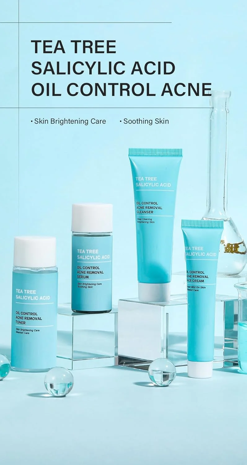 مجموعه ۴ تکه درمان پوست چرب و جوش دار حاوی درخت چای و سالیسیلیک اسید - کنترل چربی، کوچک کننده منافذ، پاک کننده آبرسان، تونر، سرم و کرم برای پوست مستعد لک - مواد طبیعی، روتین ملایم مراقبت روزانه از پوست