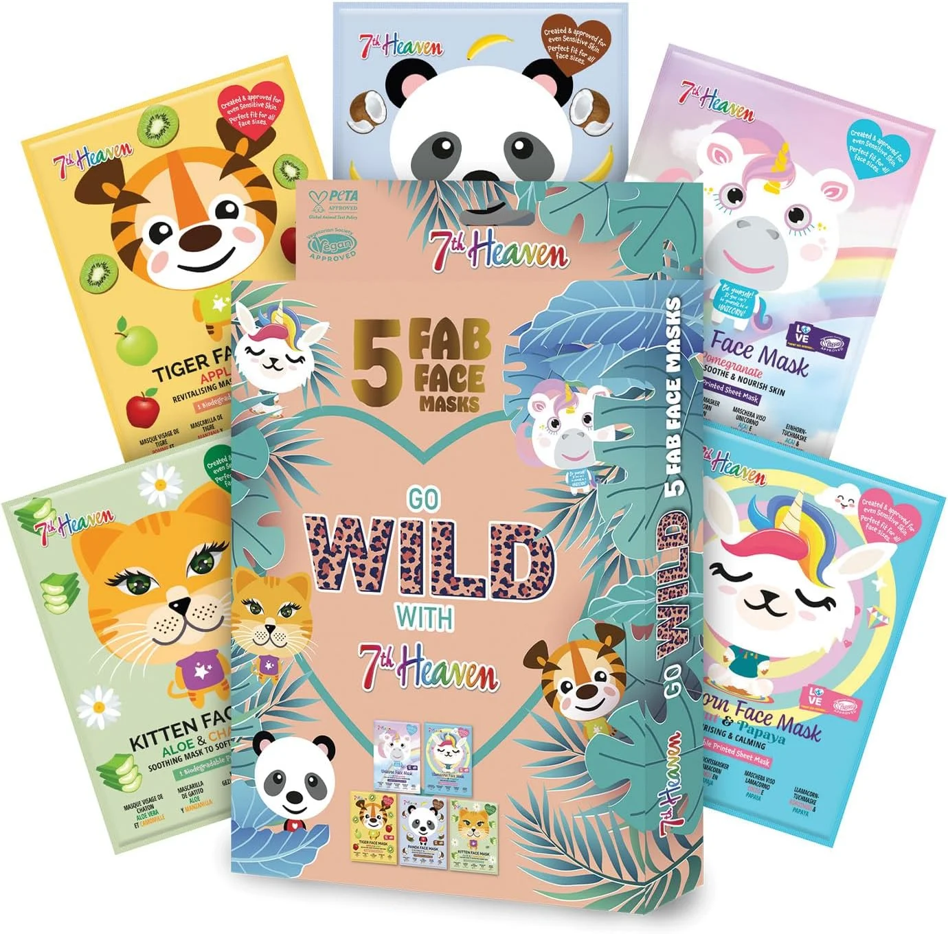 مجموعه هدیه ماسک صورت سونث هیون گو وایلد - 5 ماسک ورقه ای مراقبت از پوست با تم حیوانات سرگرم کننده - اسب تک شاخ، لاما تک شاخ، پاندا، ببر و بچه گربه