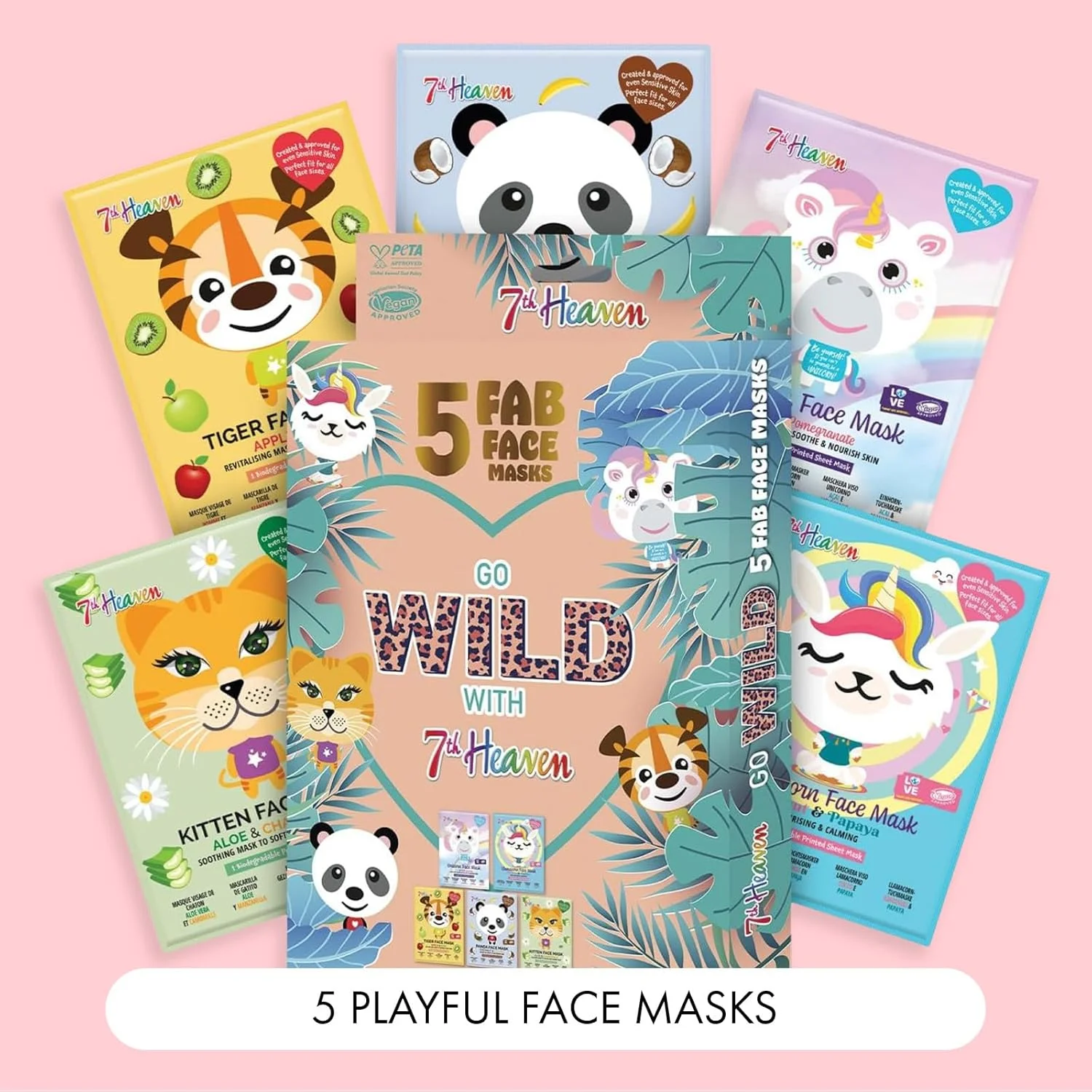 مجموعه هدیه ماسک صورت سونث هیون گو وایلد - 5 ماسک ورقه ای مراقبت از پوست با تم حیوانات سرگرم کننده - اسب تک شاخ، لاما تک شاخ، پاندا، ببر و بچه گربه