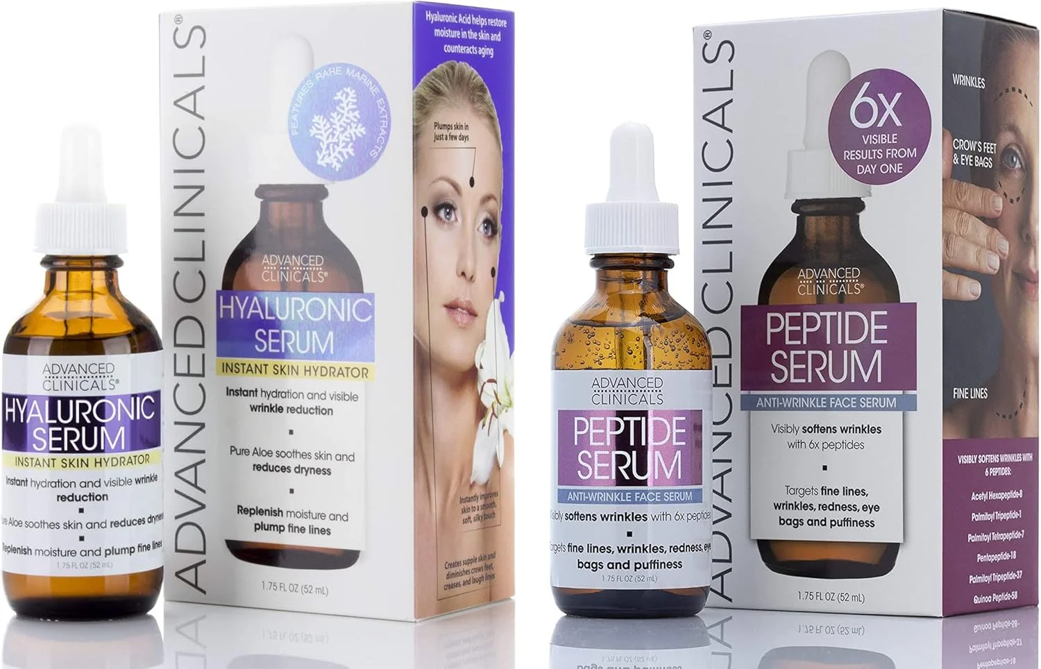 مجموعه سرم صورت اسید هیالورونیک و سرم صورت پپتیدی ادونسد کلینیکالز به همراه مجموعه مراقبت از پوست کلاژن. سرم های آبرسان برای چروک، پوست خشک و خطوط ریز، 52 میلی لیتر (مجموعه 2 عددی)
