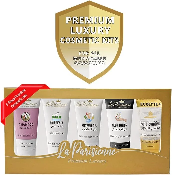 جعبه طلایی لوکس مسافرتی پریمیوم La Parisienne، بسته 5 عددی 30 میلی لیتری (شامپو، نرم کننده، ژل دوش، لوسیون بدن و ضدعفونی کننده دست) مناسب انواع پوست | هدیه ای مناسب برای همه مناسبت ها.