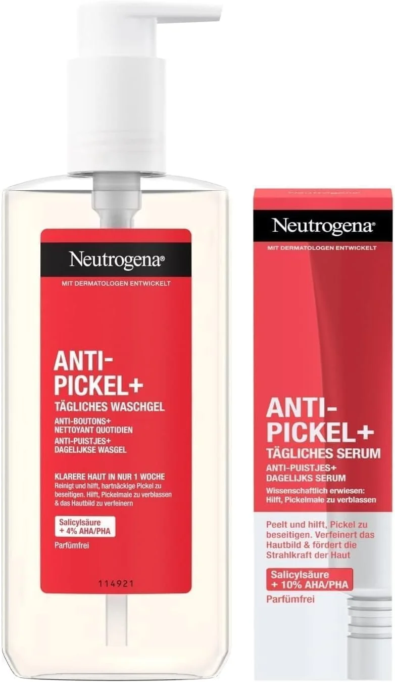 ژل شستشوی روزانه ضد جوش نوتروژینا (200 میلی لیتر) و سرم روزانه (30 میلی لیتر)، مجموعه مراقبت از پوست و پاک کننده صورت با اسید سالیسیلیک پاک کننده + ترکیب AHA/PHA برای مبارزه با جوش ها