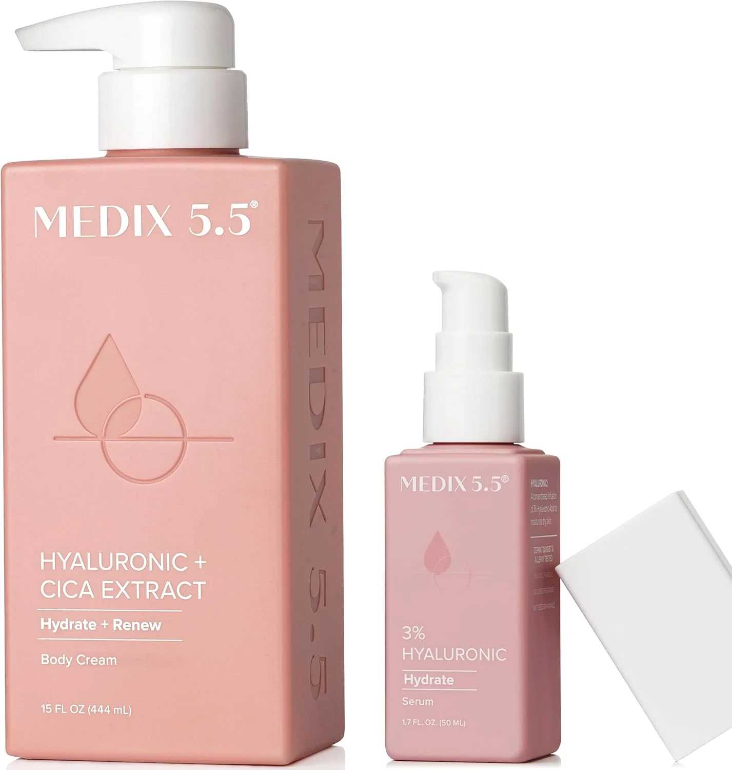 کرم مرطوب کننده بدن حاوی هیالورونیک اسید مدیکس 5.5 به همراه سرم و تقویت کننده بدن حاوی 3% هیالورونیک اسید | ست مراقبت از پوست آبرسان 2 عددی