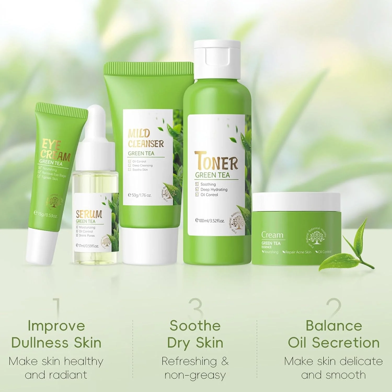 مجموعه مراقبت از پوست چای سبز، ست هدیه مراقبت از پوست چای سبز 5 تکه برای زنان شامل پاک کننده صورت، تونر، سرم، کرم دور چشم و کرم صورت، مجموعه مراقبت روزانه پوست صورت برای زنان و دختران