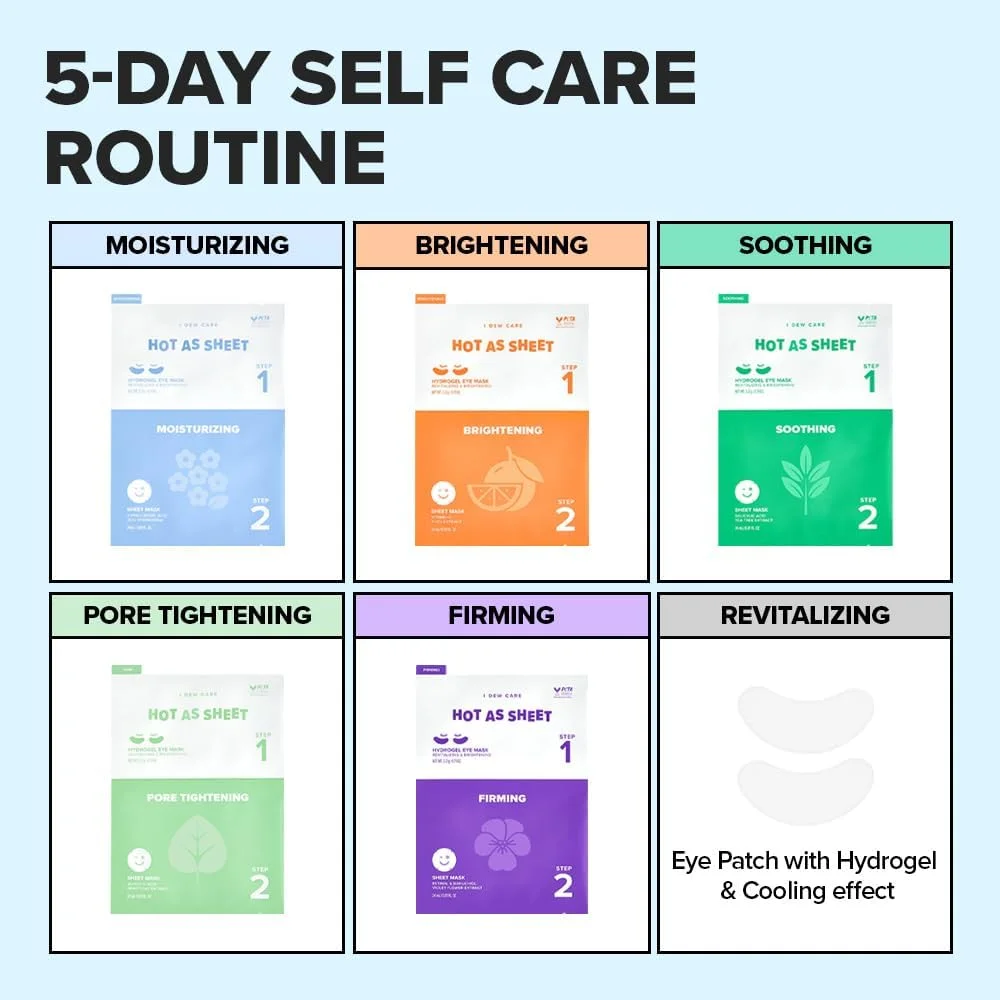 مجموعه ماسک ورقه ای کره ای آی دو کِر، بسته 5 روزه ماسک چندگانه صورت و چشم - داغ و موثر | مرطوب کننده، روشن کننده، تسکین دهنده، کوچک کننده منافذ، سفت کننده